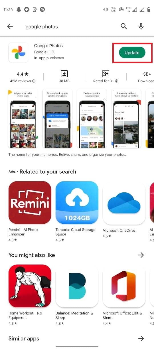 Select Google Photos from the search results and locate the Update button