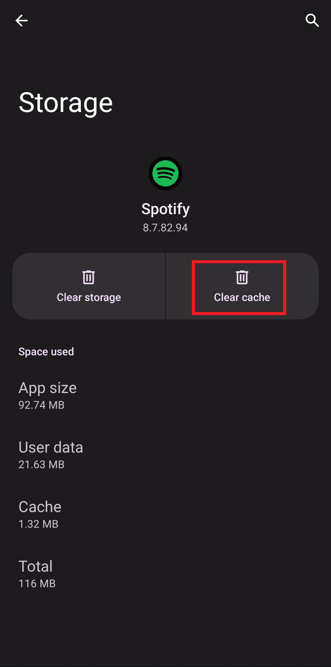 tap on clear cache. Fix No Sound on Spotify on Android