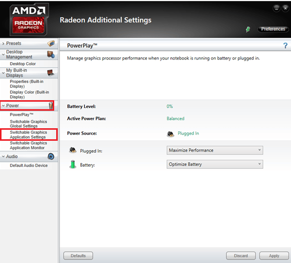Switchable application graphics settings option under Power