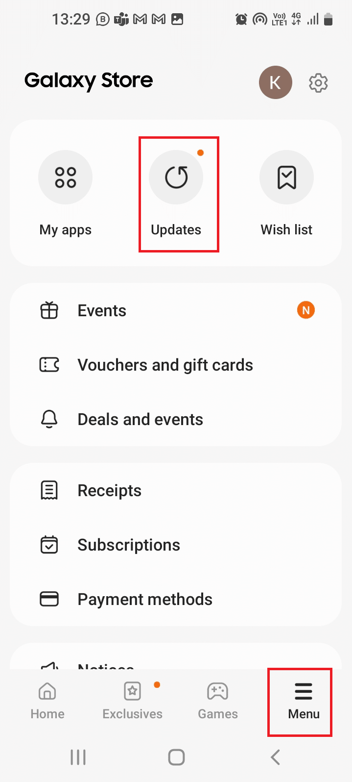 Move to the Menu tab at the bottom and tap on the Updates option