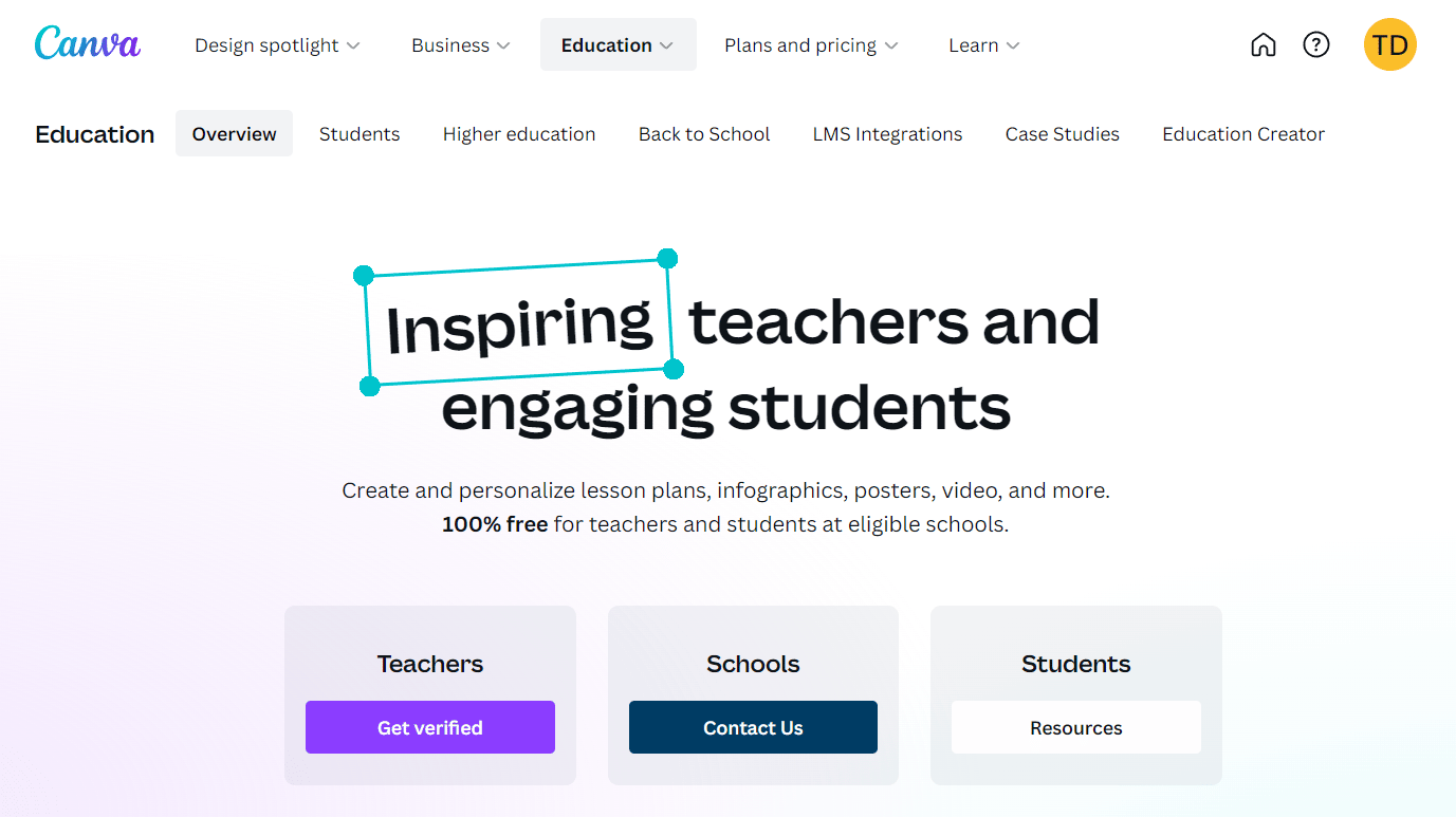 Canva for Education page
