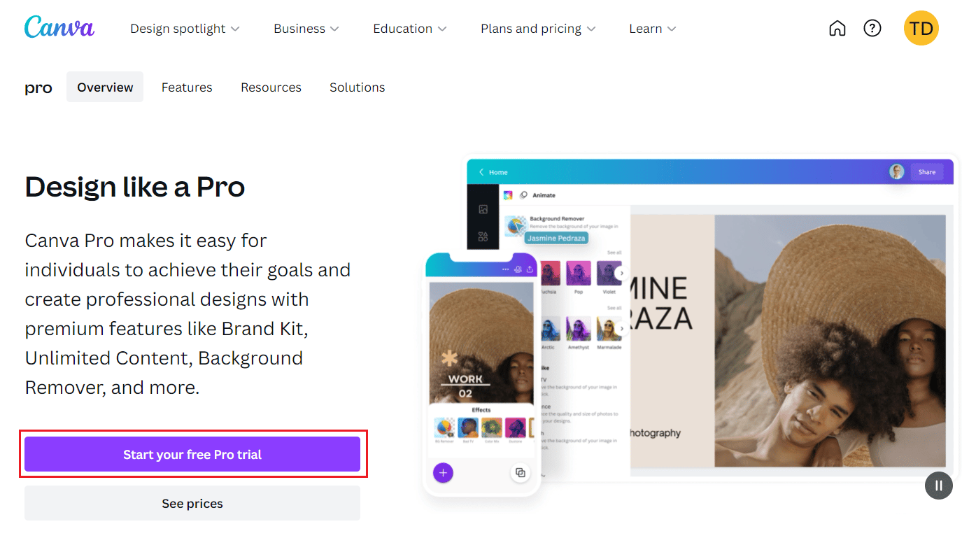 Canva Pro trial period page