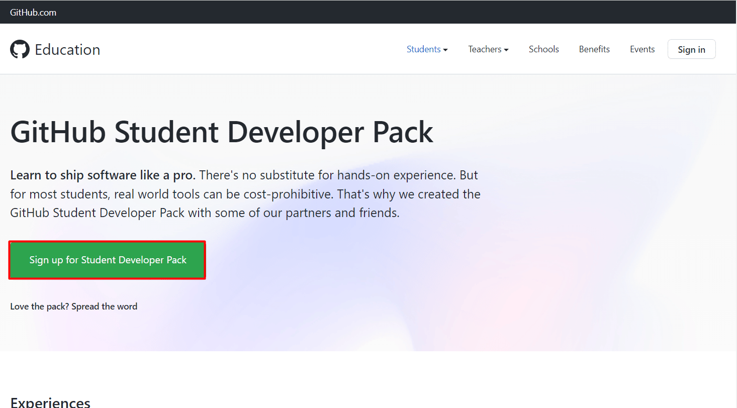 Click on Sign up for Student Developer Pack