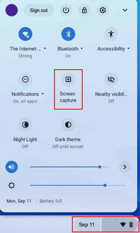 From the Quick Settings panel, click on the Screen capture option
