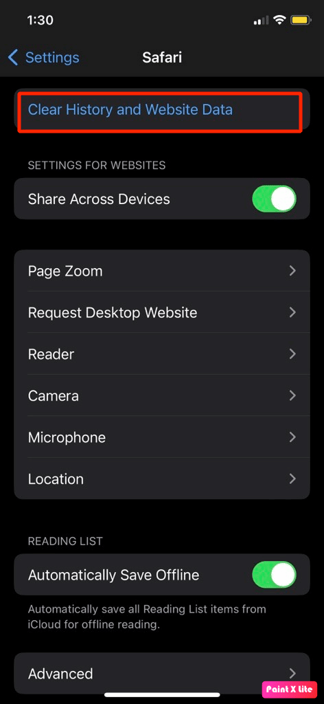 tap on clear history and website data | How to Delete System Storage on iPhone
