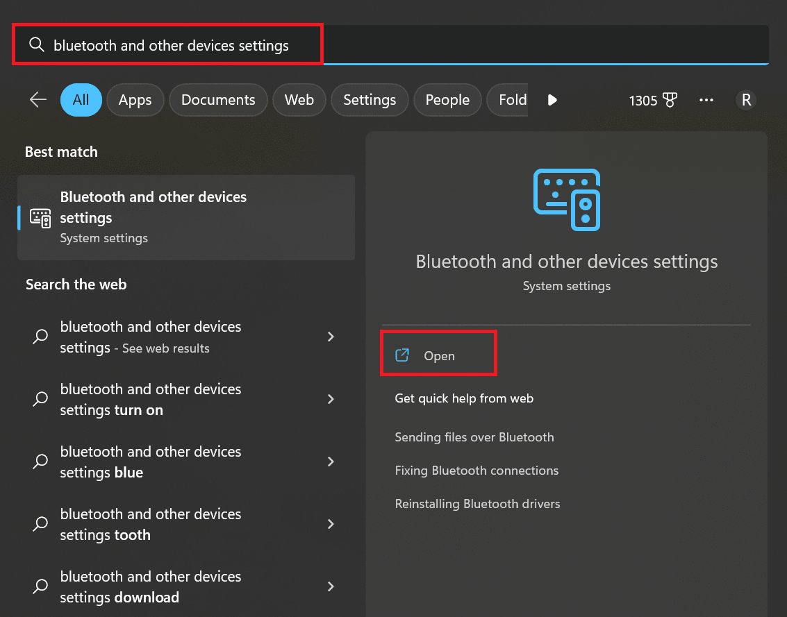 open bluetooth and other devices settings