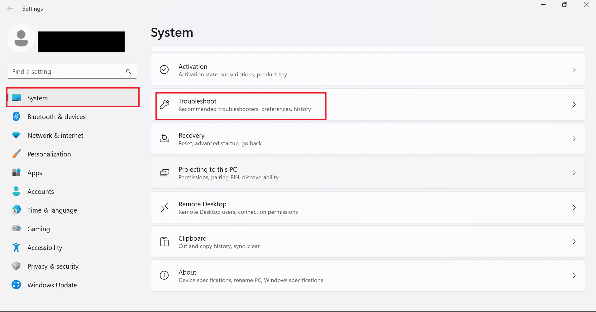 troubleshoot on settings in windows