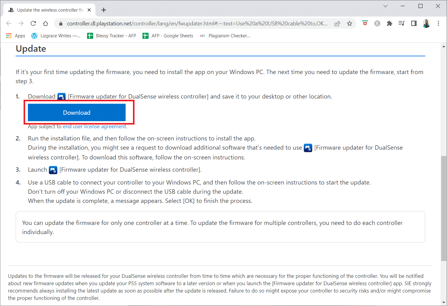 Visit the Sony PlayStation update firmware page and click on the Download button