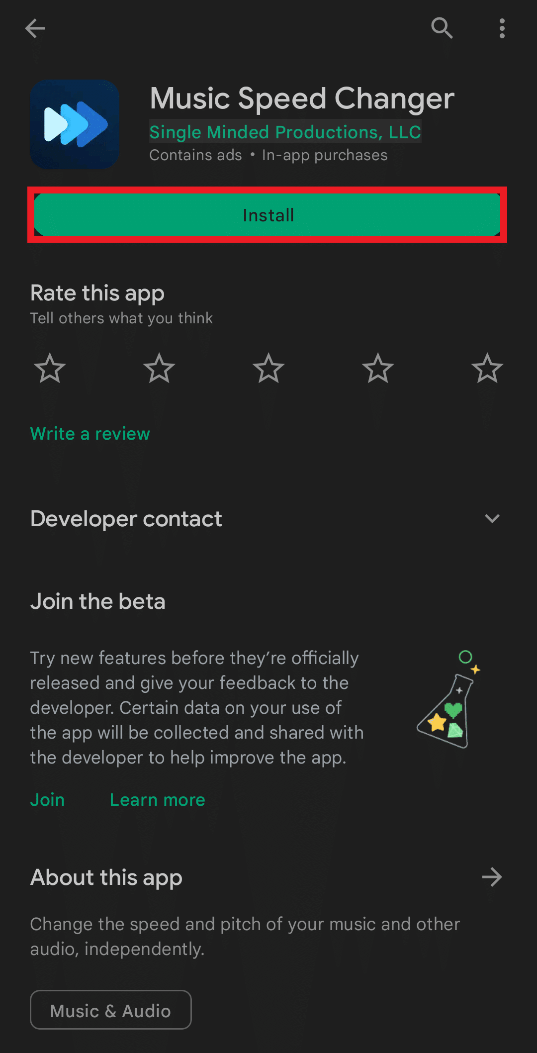 Search Music Speed Changer and tap on Install