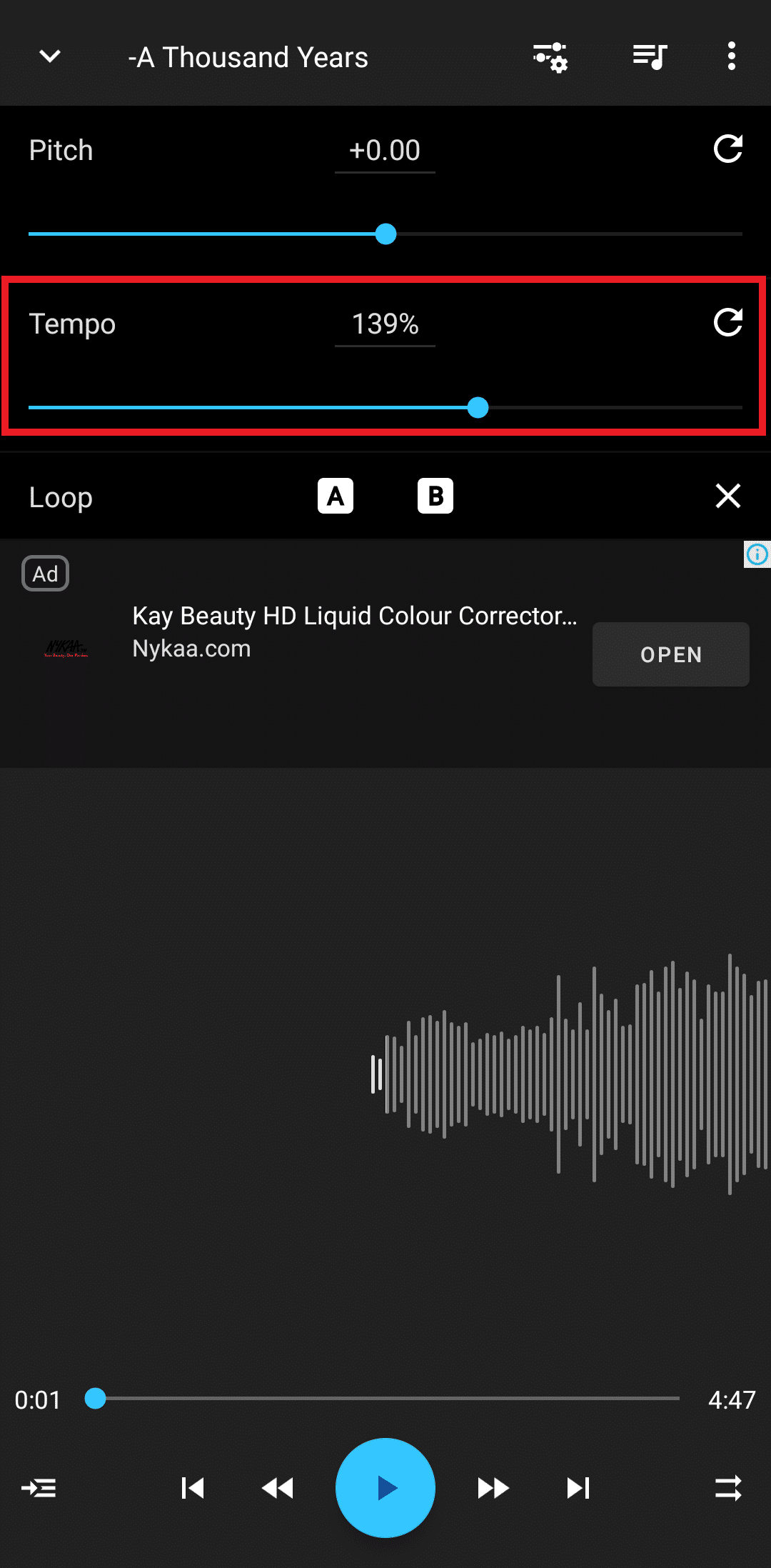adjust the Tempo slider to speed up or slow down the song as per your preference