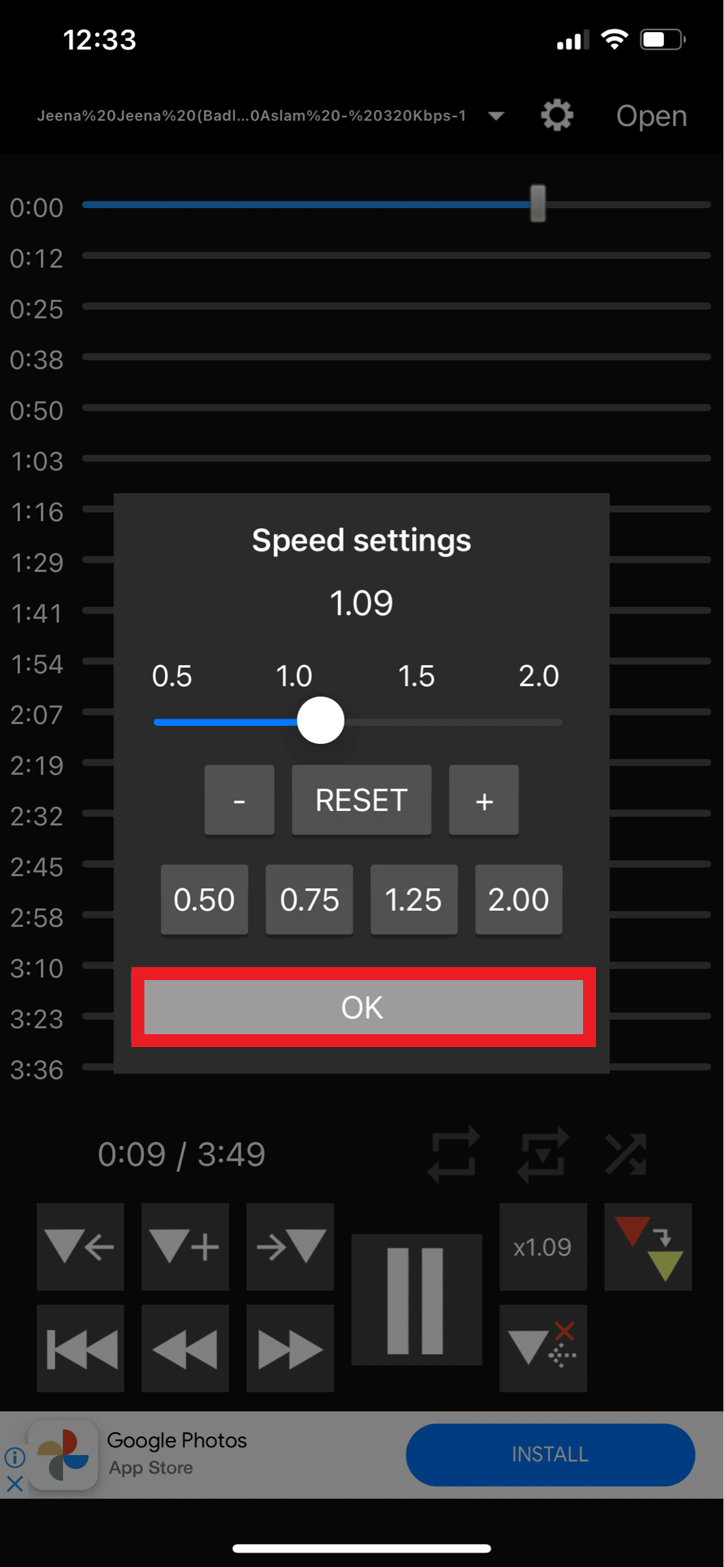 Adjust the slider to slow down or speed up a song and tap on OK | Spotify slow down songs
