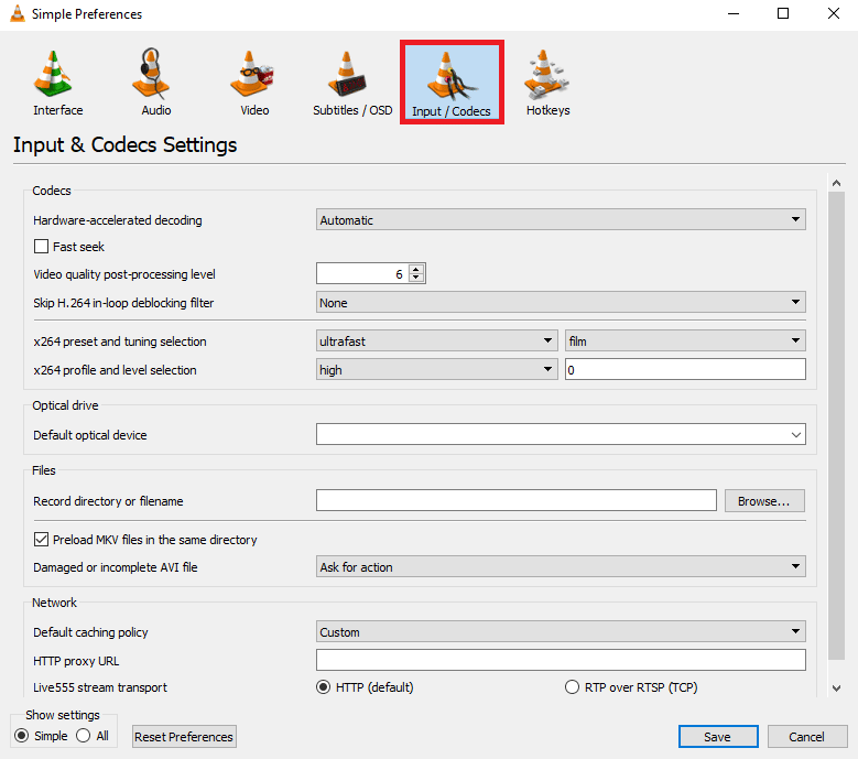 navigate to the Input/Codecs options