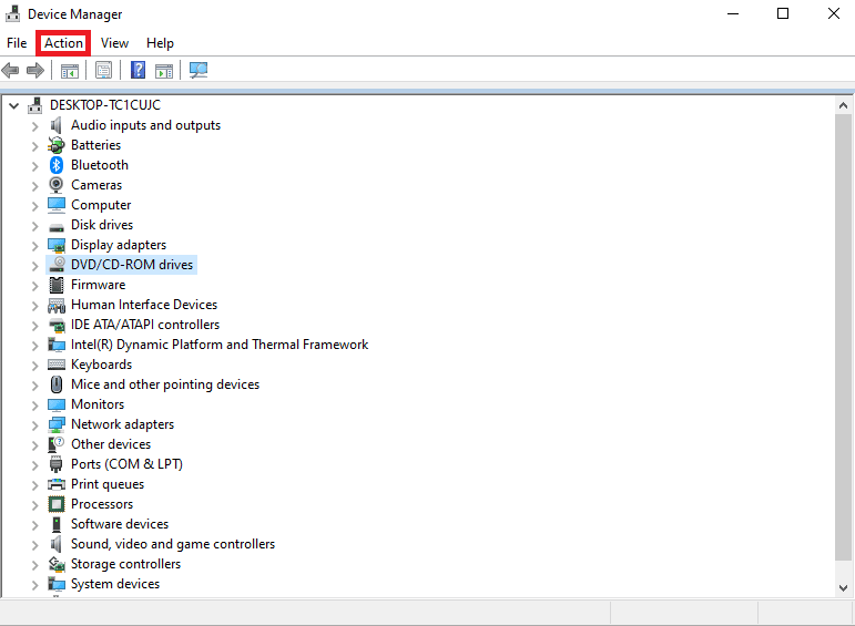navigate and click on the Action tab