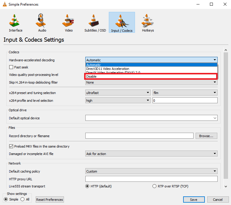 select Disable