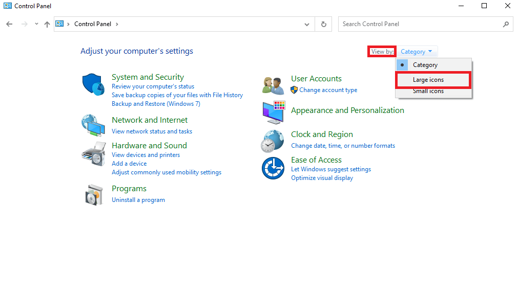 Click on the View by dropdown and select Large icons