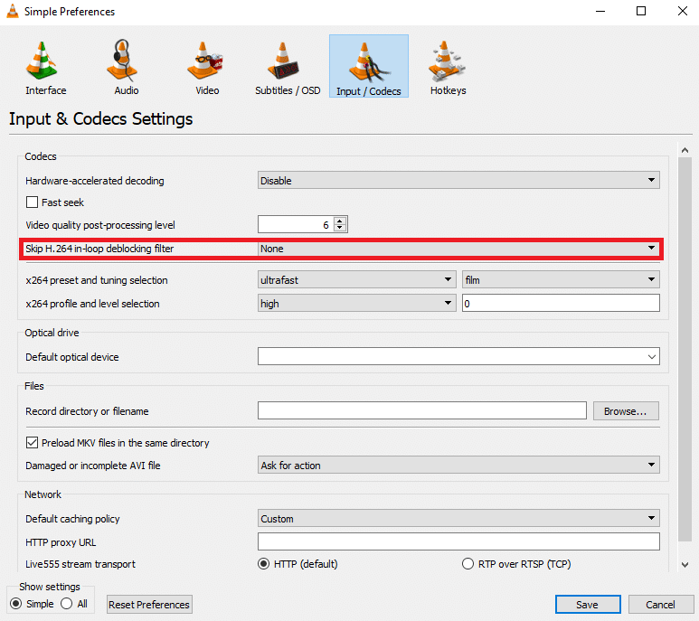 click on the Skip H.264 in-loop deblocking filter drop-down menu