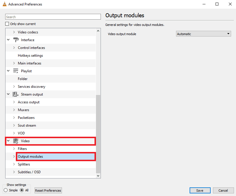 click on Output modules under Video. How to Fix Video Lag in VLC Media Player on Windows
