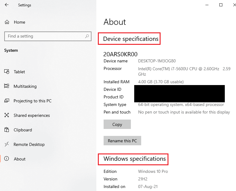 Check the System specifications