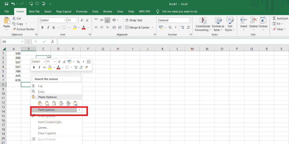 Double-click in the selected range and Click on Paste Special Option.