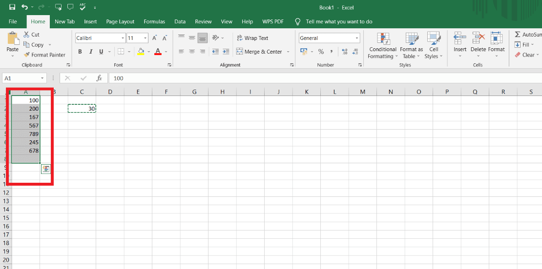 Select the range of cells you want to be subtracted.