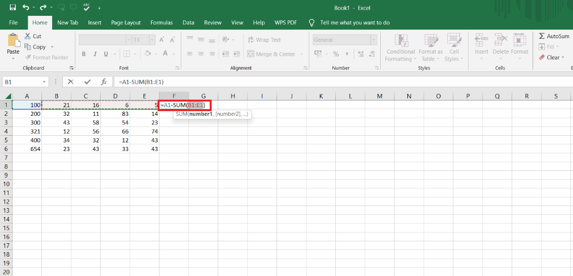 Put a colon after selecting a cell and Select the last cell you want the subtraction off.