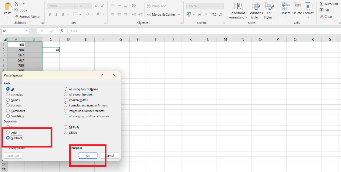 A dialog box will appear, choose to Subtract option and Click on the Ok button. | How to Subtract Multiple Cells in Excel