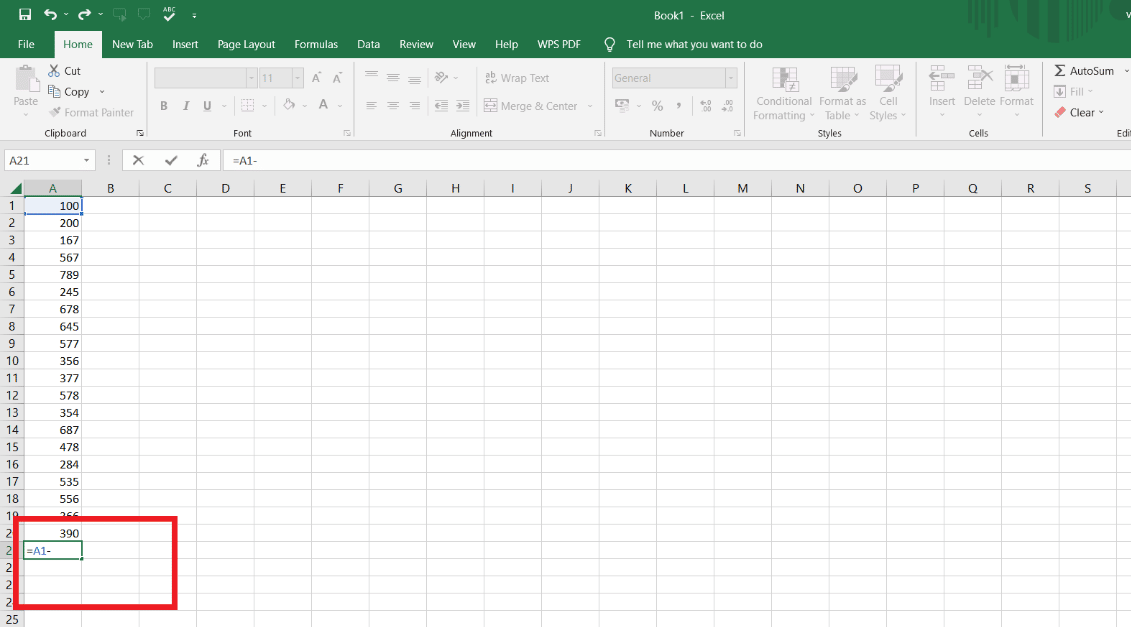 Select the first cell and Insert minus sign.