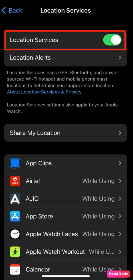 toggle on location services 