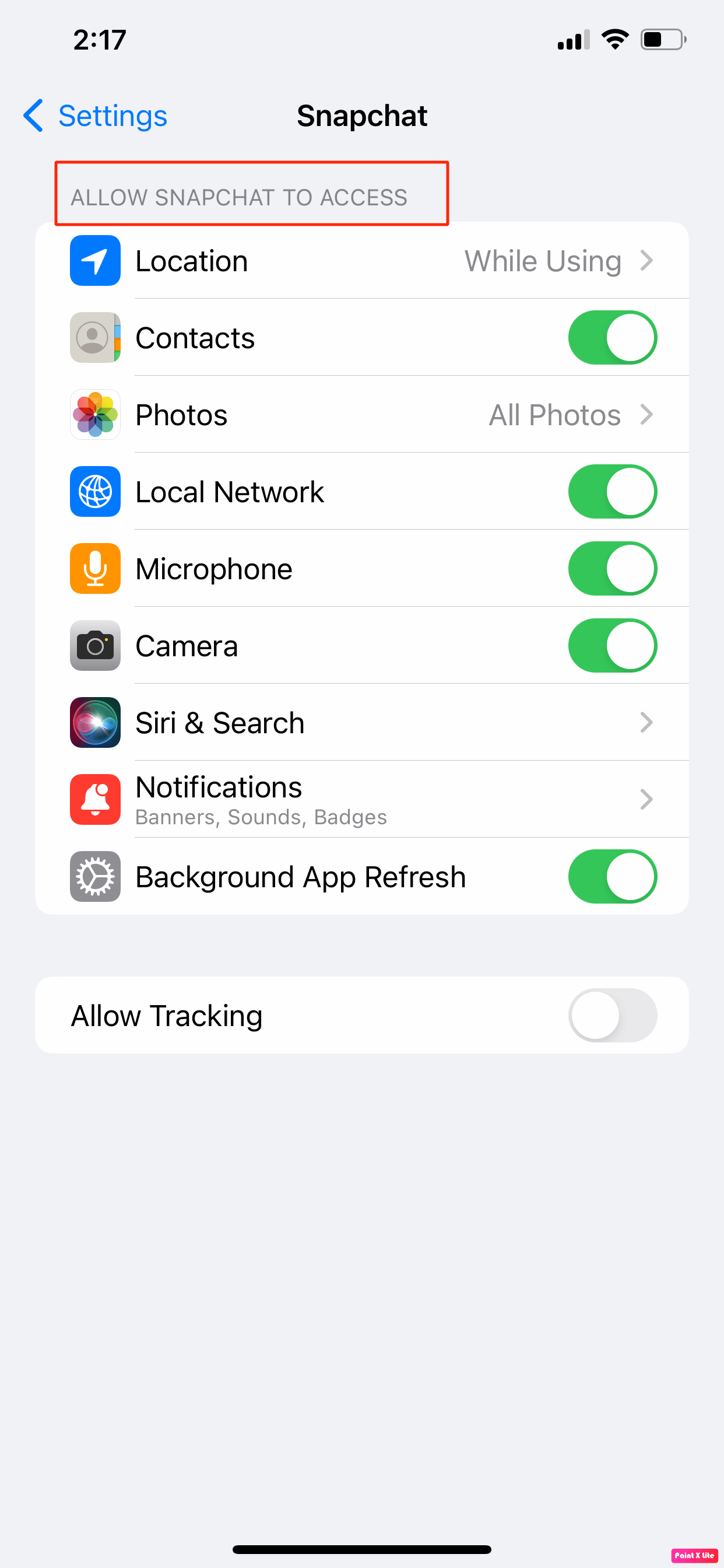 under allow snapchat to access heading toggle on the permissions