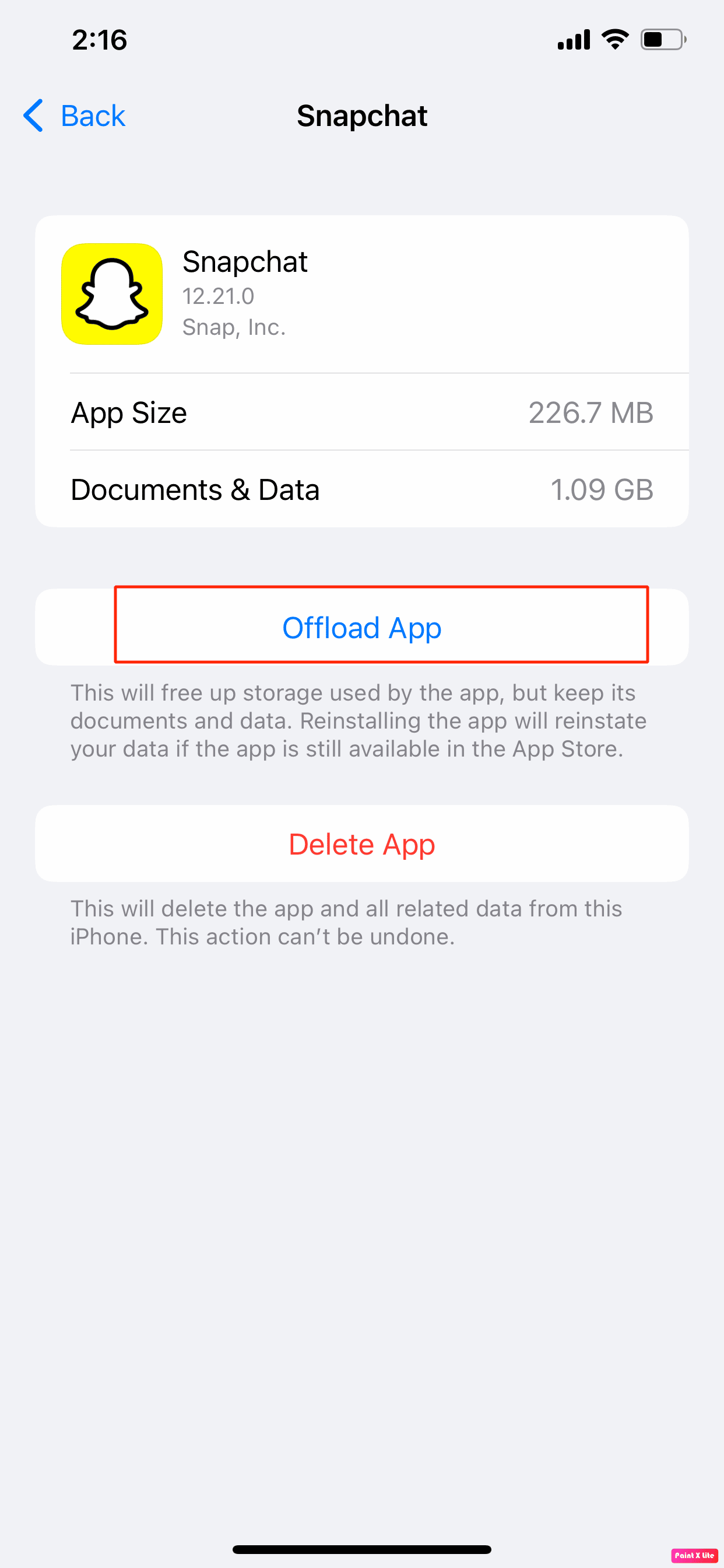 tap on offload app option