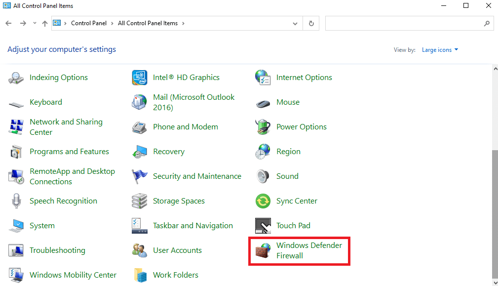Locate and click on Windows Defender Firewall