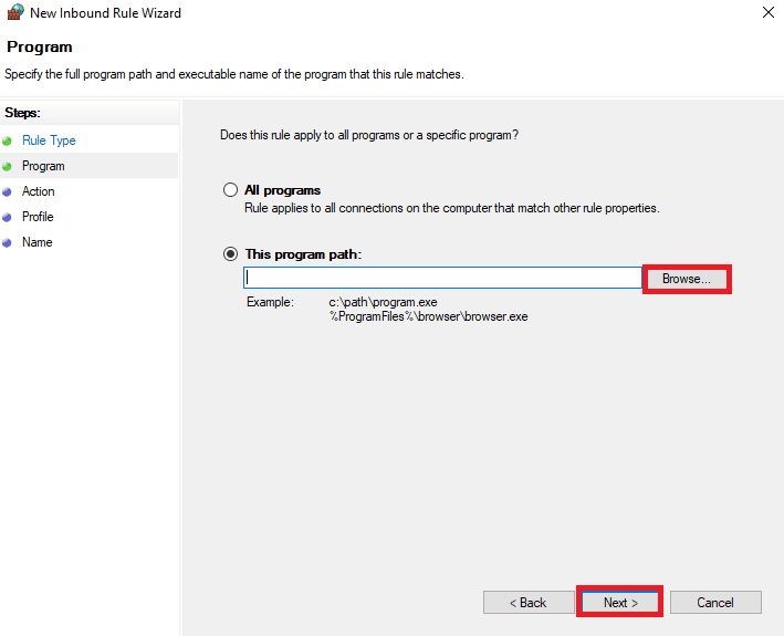 Browse the location of the program and click Next