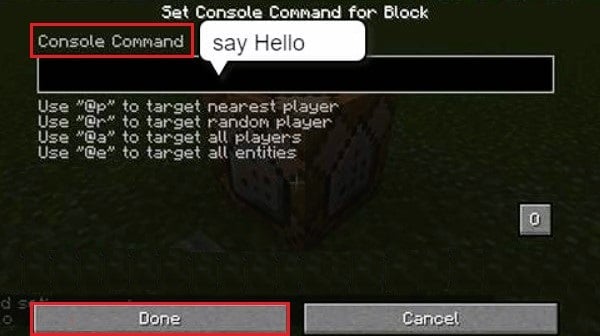 console command for block minecraft