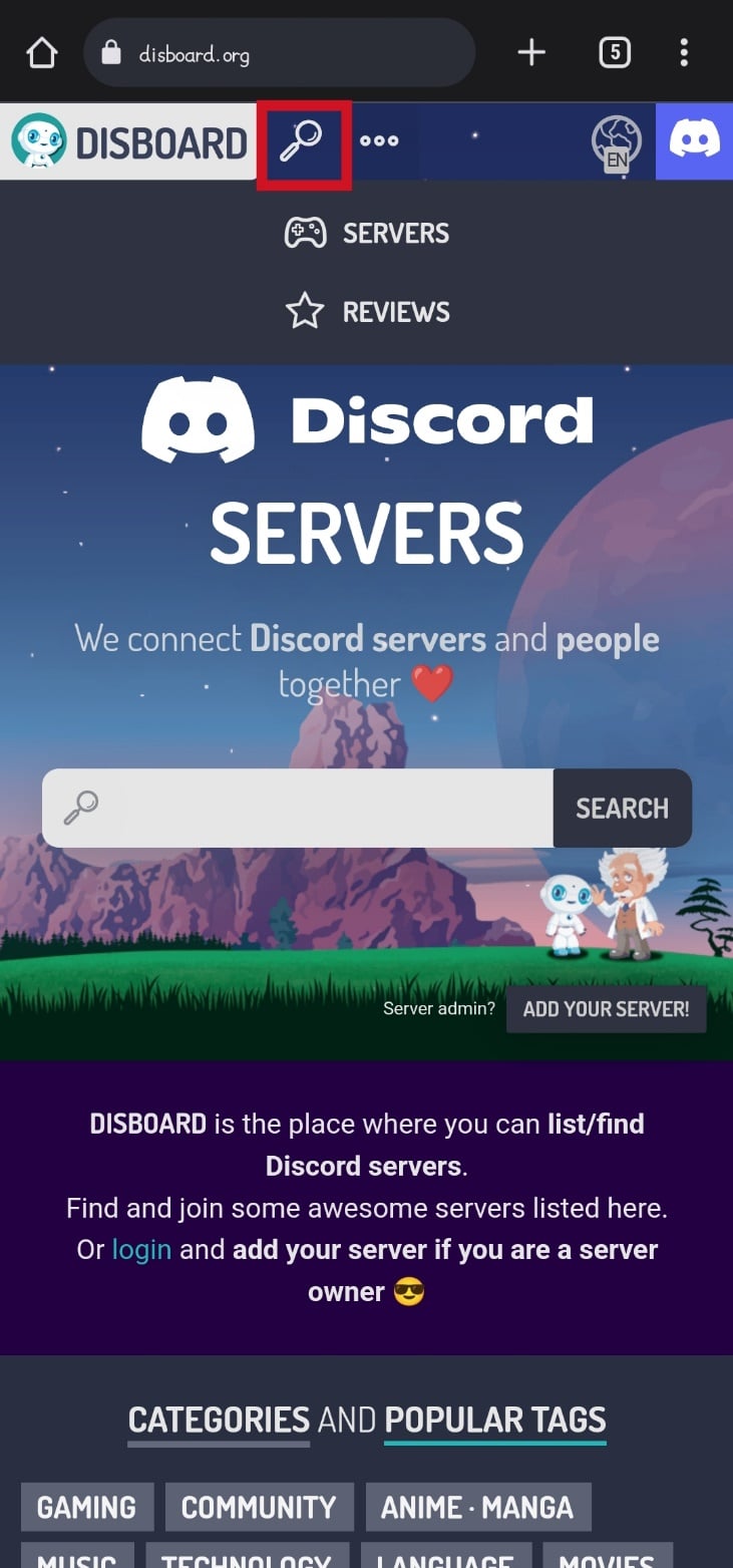 tap on the search icon to type in a specific server name
