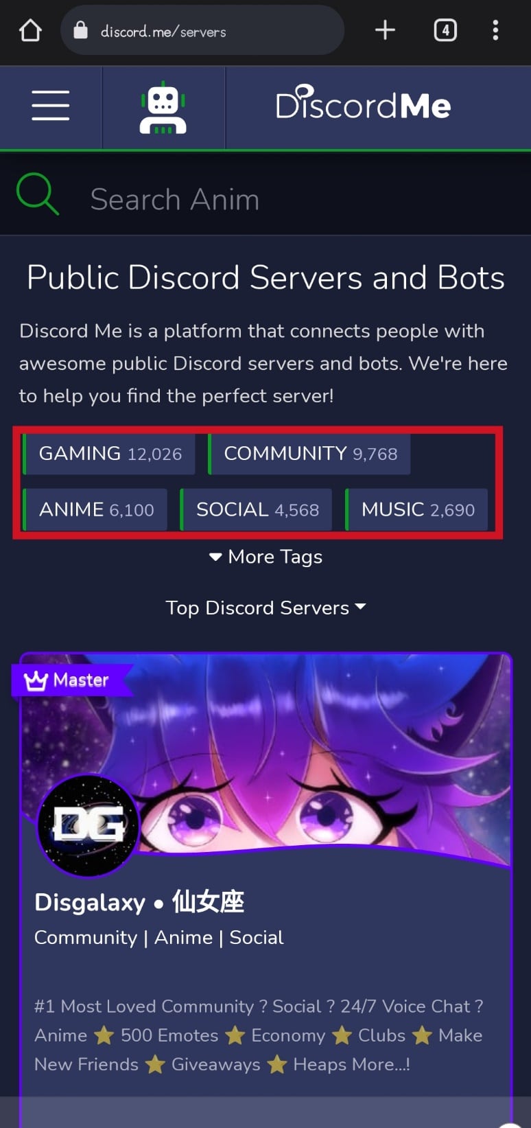 Tap on any one of the categories or tags to find a list of Discord servers for it