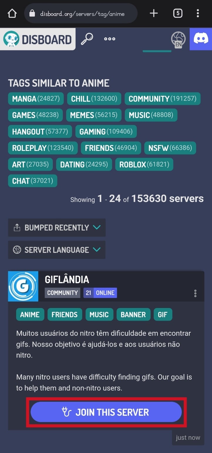 tap on the JOIN THIS SERVER button