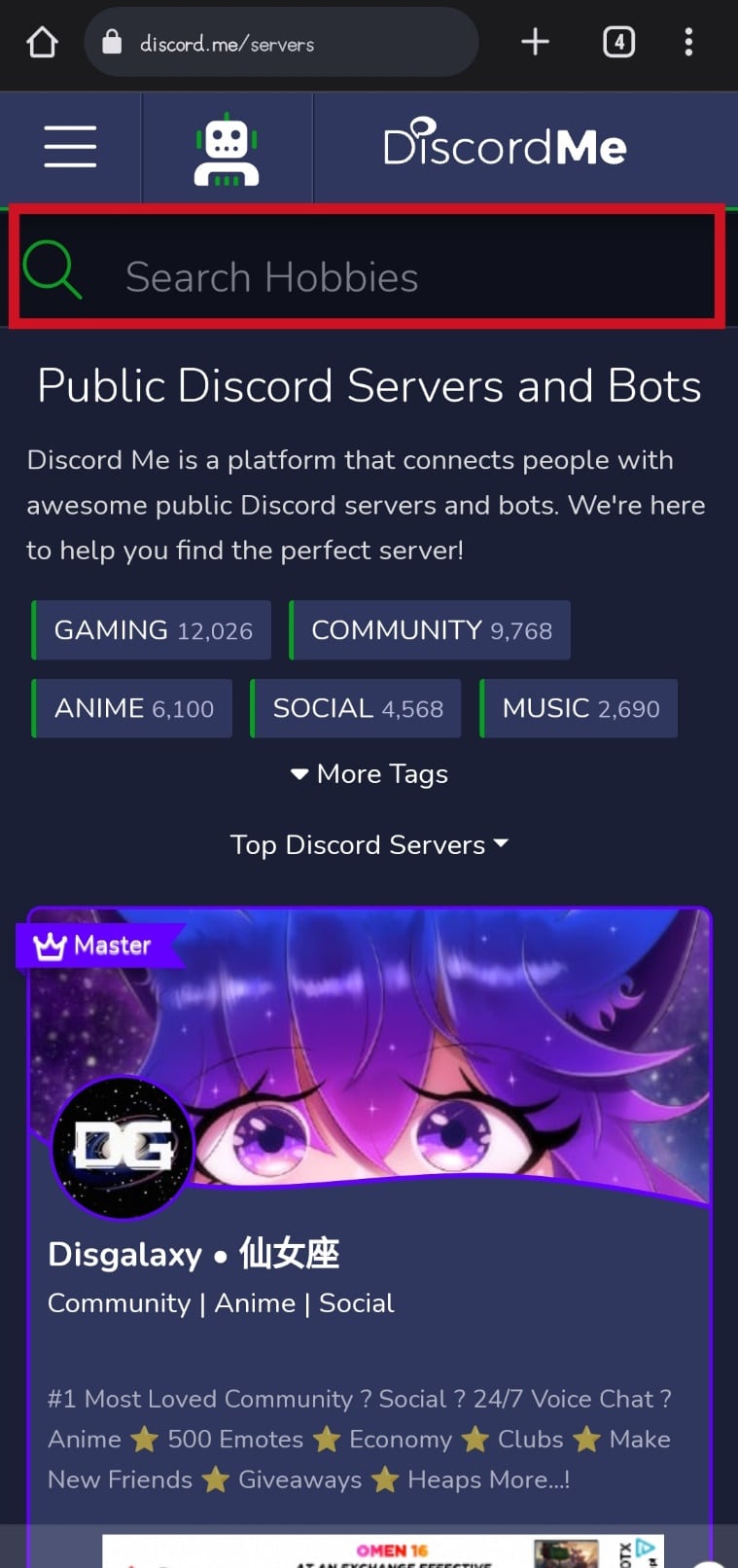 tap on the Search tab at the top to type in a server name or category