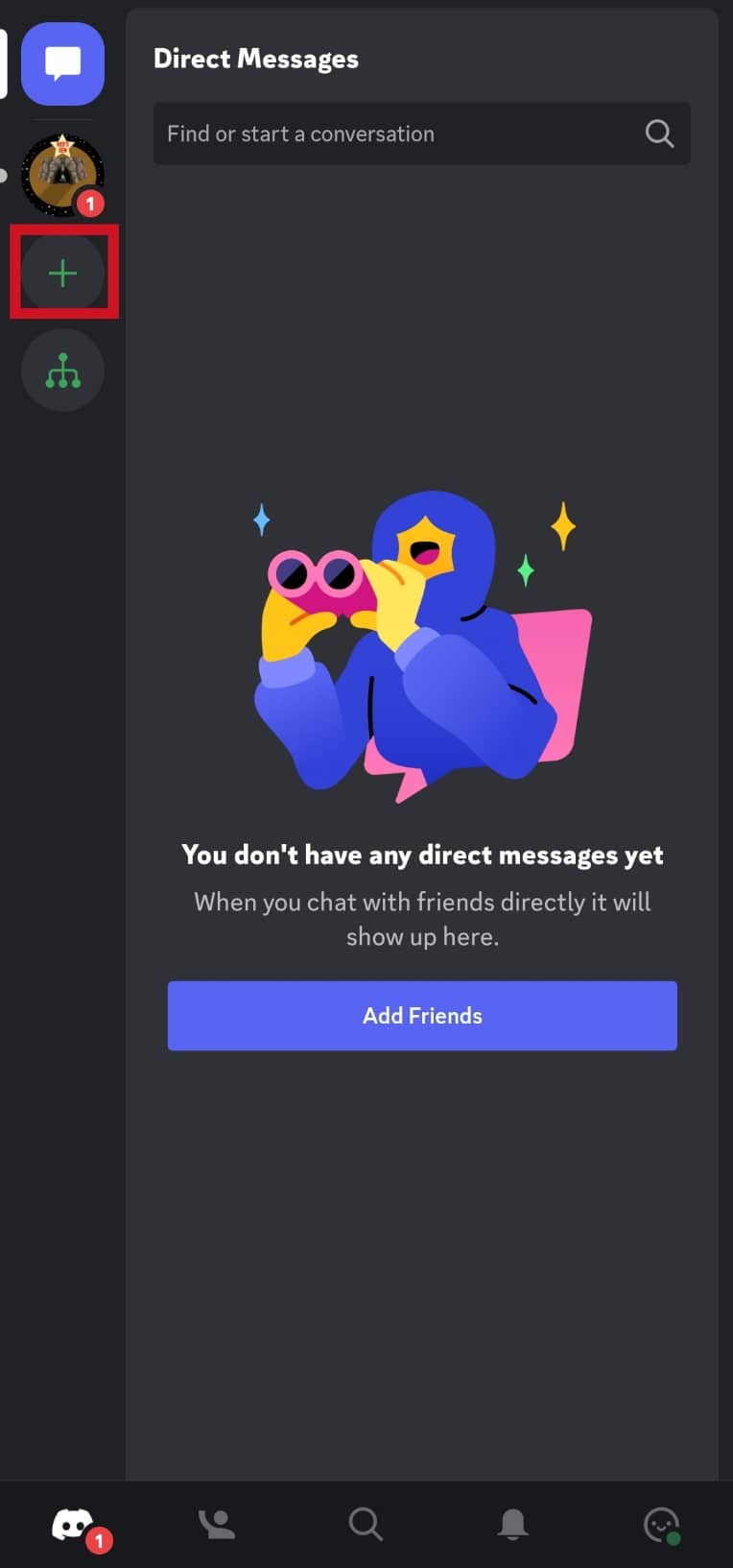 Tap on the plus icon in the top-left corner of the screen | How to Search on Discord Mobile