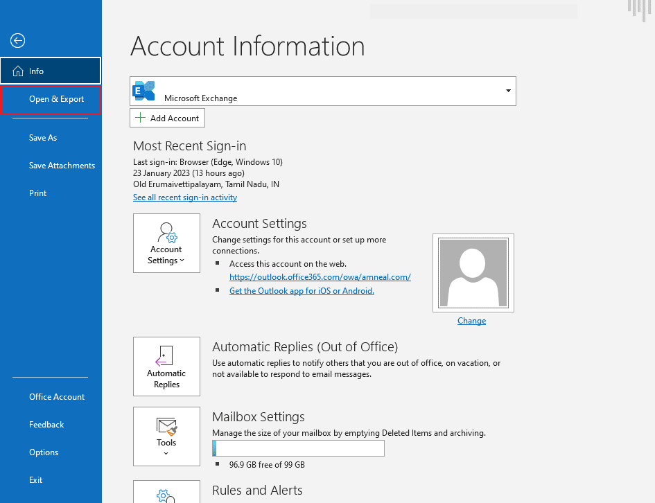 open Outlook and navigate to File then Open & Export