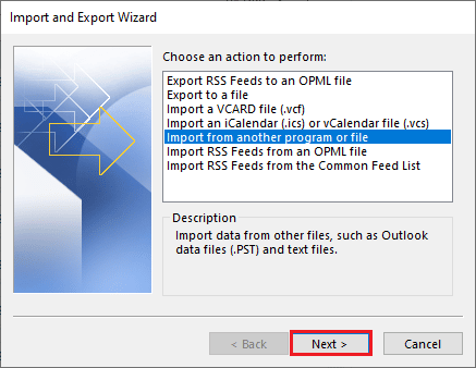 click on Import from another program or file and click on Next