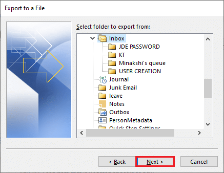 Select the contacts folder you want to export and then press the Next button