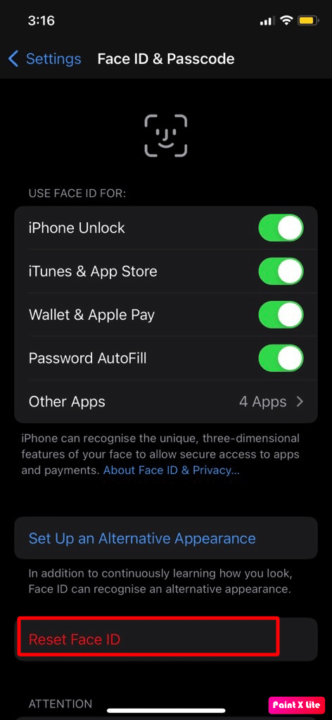 tap on reset face id option