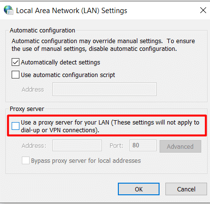 uncheck Use a proxy server for your LAN box