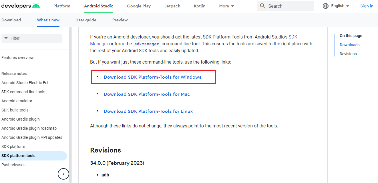 download Android SDK Platform Tools webpage