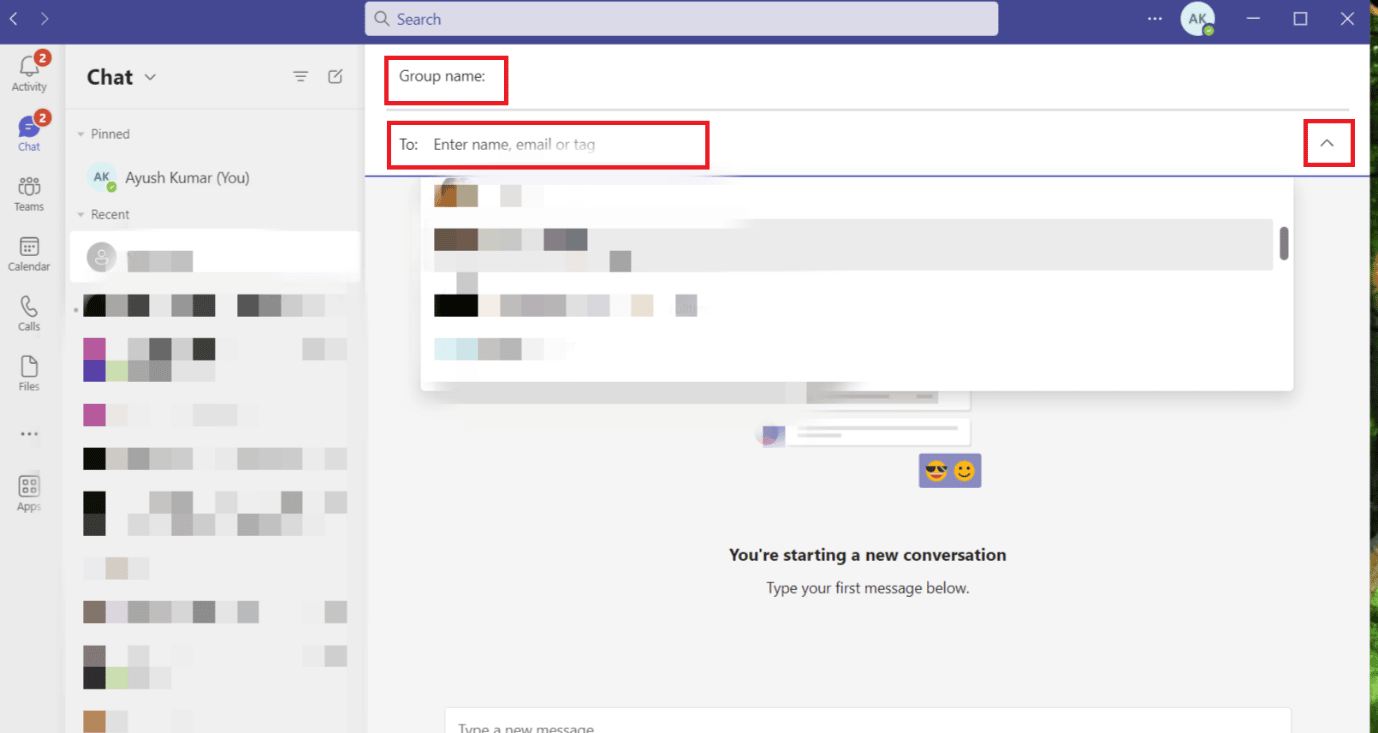 type in the To section Search box and enter the names or contacts to be added to the group.