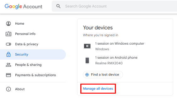 In security scroll down until Your devices and click on Manage all devices. | How to Remove YouTube from Smart TV