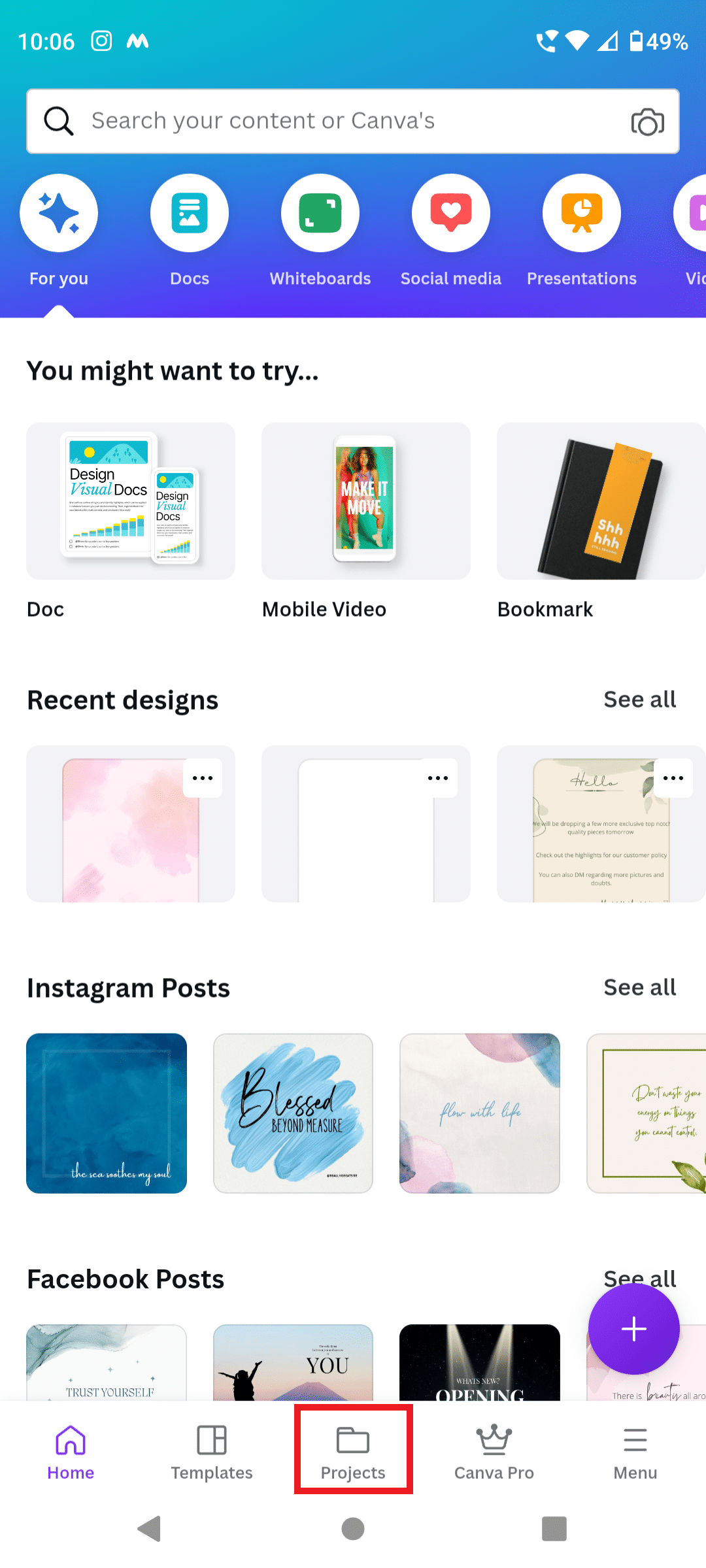 Tap on Projects on canva. How to Rotate Image in Canva