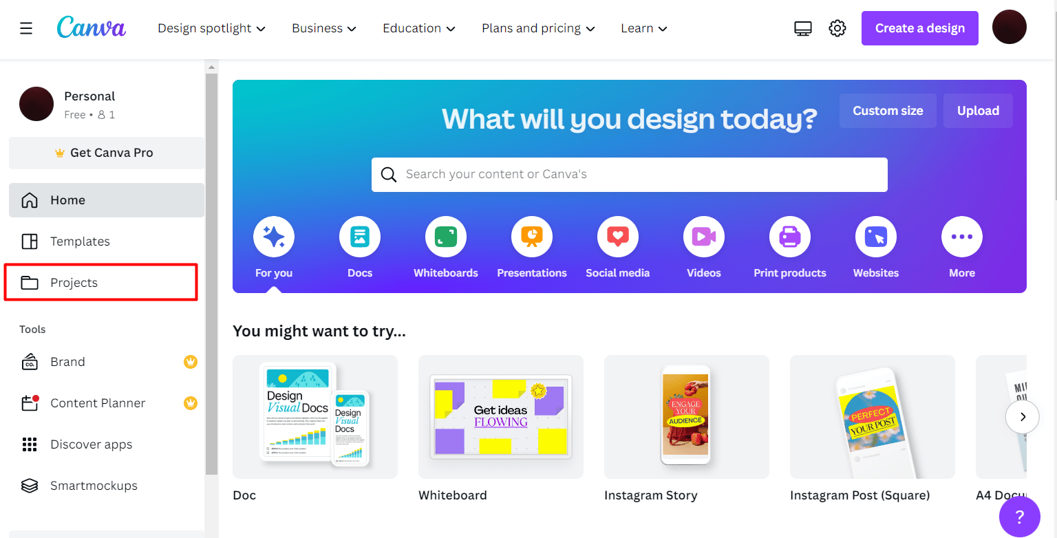 click on Projects on canva