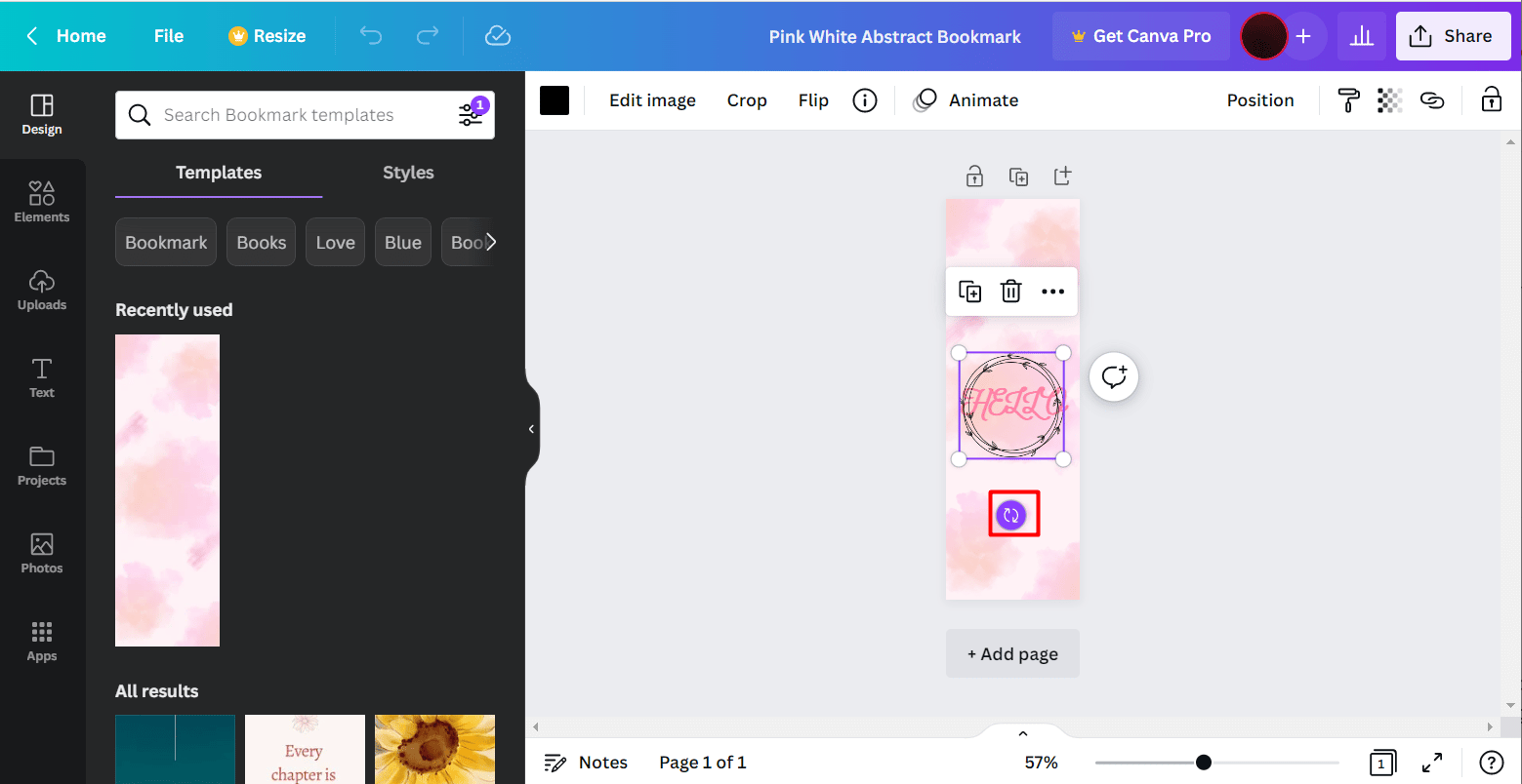 click on the element and click and hold the rotate icon on canva