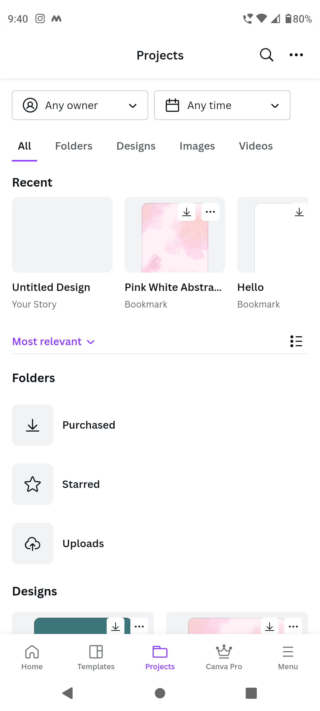 Select a project on canva